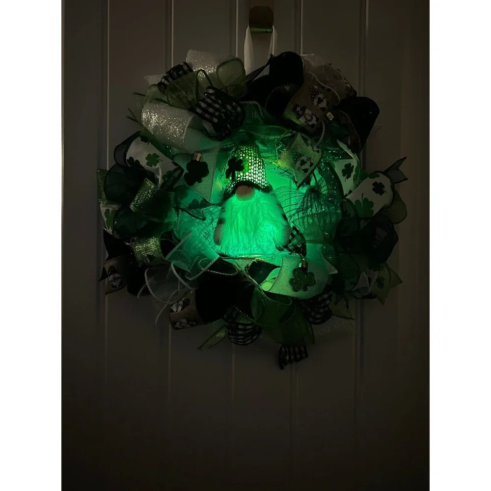 13” St. Patrick’s Day Ribbon Wreath Gnomes : Green & White Handmade MW9